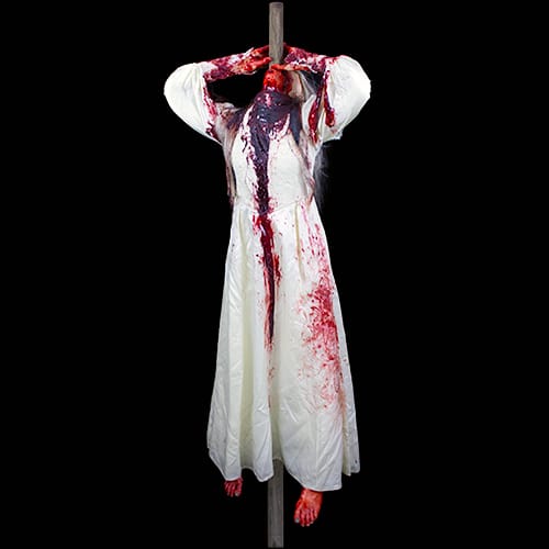 BRIDE CHARACTER PIKED THROUGH BODY AND FEET OFF OF GROUND.