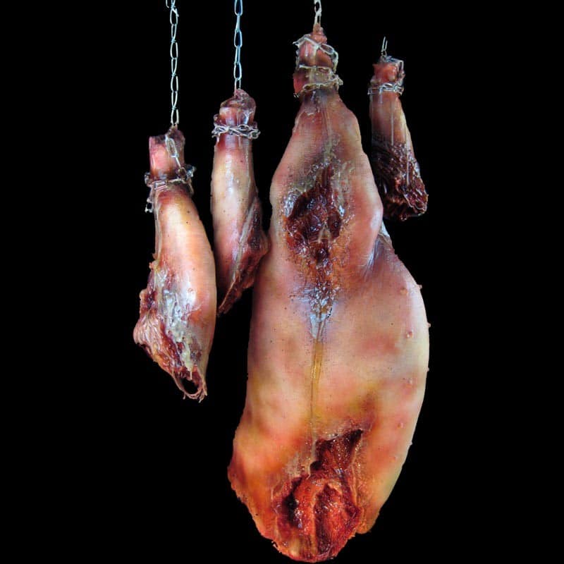 BUTCHERED PIG PARTS-HANGING WITH ROPE-ROTTED FINISH