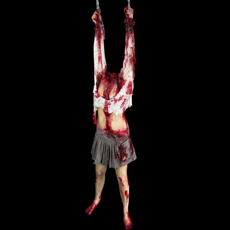 FEMALE DECAPITATED BODY-HUNG FROM HANDS-WITH CHAIN-BLOODY FINISH