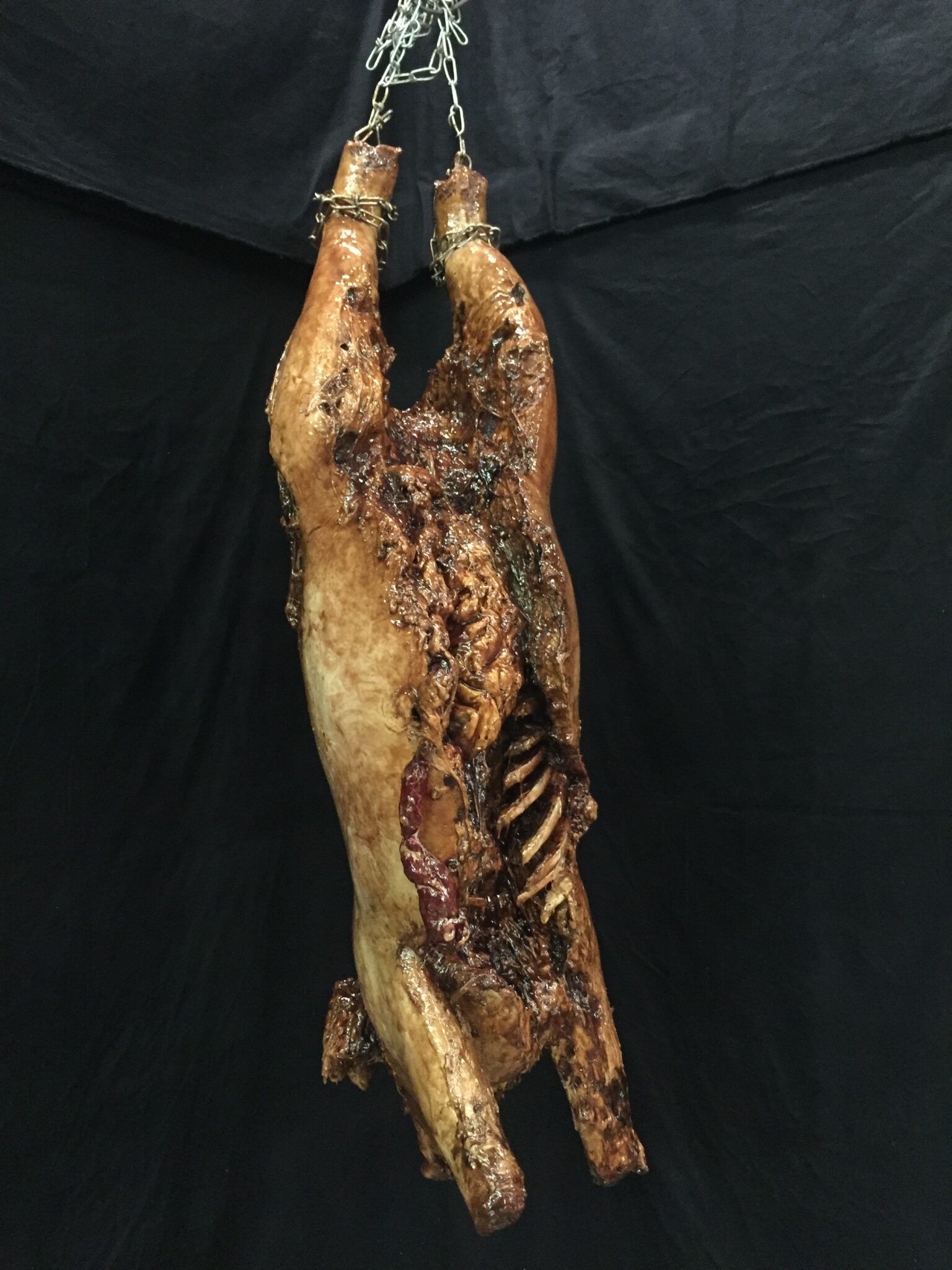 LARGE PIG PART RIB ROT HUNG BY CHAIN