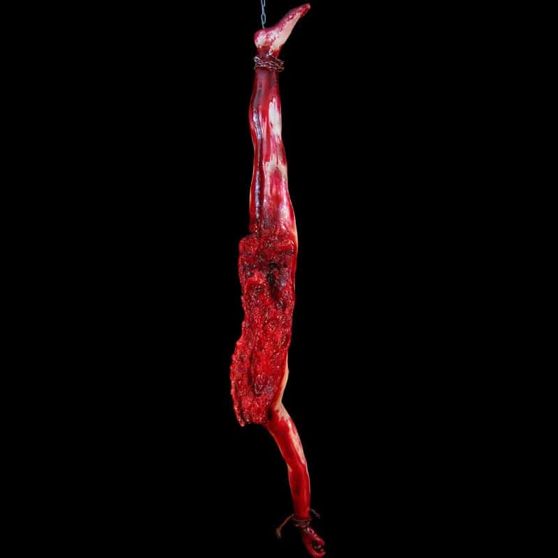 MALE BISECT BODY-HUNG FROM FOOT-WITH CHAIN-BLOODY FINISH