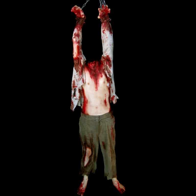 MALE DECAPITATED BODY-HUNG FROM HANDS-WITH CHAIN-BLOODY FINISH