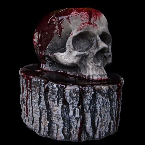SKULL STUMP PENCIL HOLDER – RIGID FOAM , POLY BLOOD DETAIL 8.5′ dia x 9.5′ tall. 2.5′ DIA HOLE